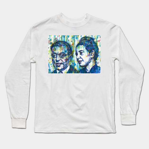 SARTRE and SIMONE DE BEAUVOIR watercolor and ink portrait Long Sleeve T-Shirt by lautir